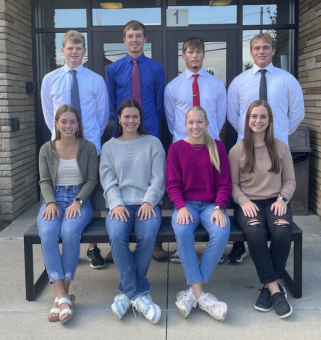 Fort Recovery High School will celebrate homecoming Friday, with the crowning of the king and queen prior to the Indians’ football game against the Parkway Panthers. (The ceremony will begin at 6:30 p.m.) This year’s homecoming theme is disco. Pictured, front row from left, are queen candidates Emma Will, Kayla Heitkamp, Anna Roessner and Bailie Muhlenkamp. Back row are king candidates Gavin Evers, Mason Diller, Caden Grisez and Gabe Knapke. (Photo provided)