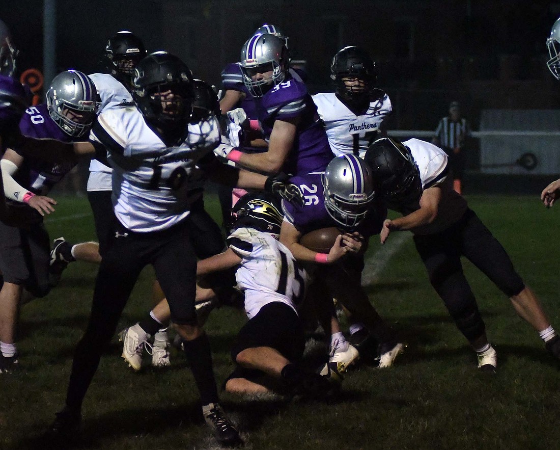 Fort Recovery High School’s Reece Wendel pounds the ball into the end zone for a 2-point conversion during the Indians’ 36-24 win over Parkway on Friday. Wendel led the team with three touchdowns and 112 rushing yards to help snap a six-game losing streak. (The Commercial Review/Andrew Balko)