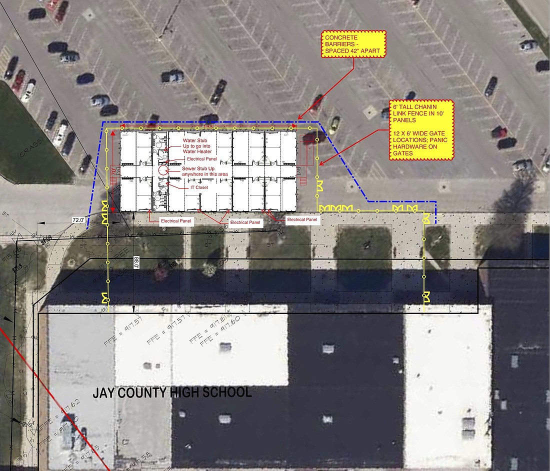 The above graphic shows the planned location for a group of mobile classrooms that will be set up at Jay County Junior-Senior High School to provide extra space after a Sept. 22 tornado caused severe damage to the junior high/IMC (library) wing of the building. Jay School Corporation superintendent Jeremy Gulley noted that the location, stretching into the north parking lot near the pool and gym, was chosen because of the necessary access to water, sewer and electricity. (Jay School Corporation)