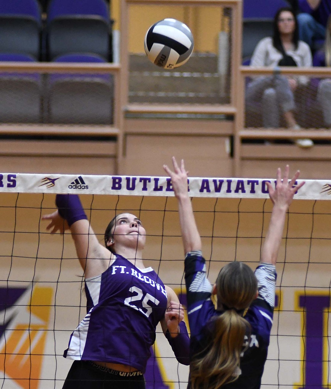 Bridget Homan, a sophomore at Fort Recovery High School, prepares to attack the ball during the district championship against Miami Valley Christian Academy on Saturday. The Indians will take on Anna Thursday in their fourth regional appearance. (The Commercial Review/Andrew Balko)