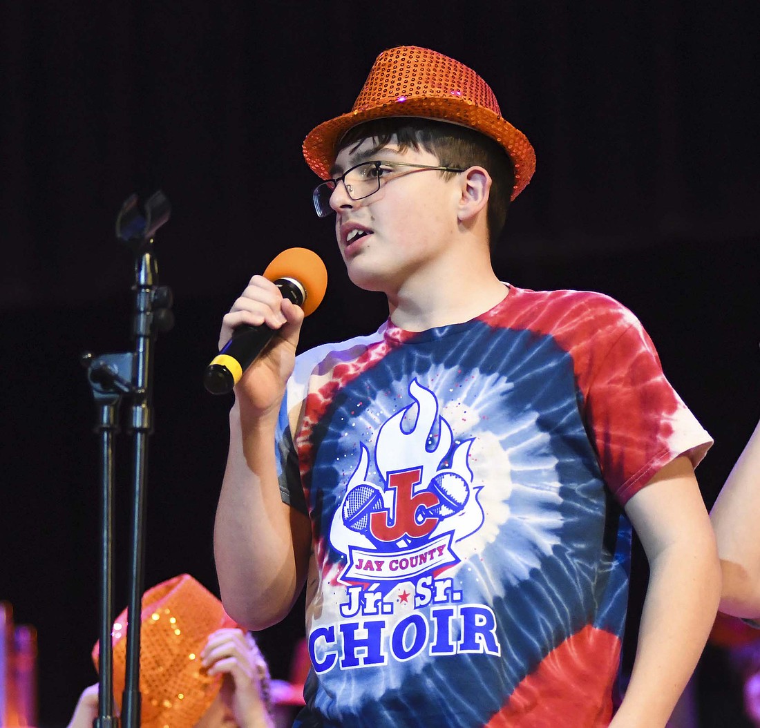 Liam Serjern performs Sunday during the Jay County Junior-Senior High School fall choral concert. Junior high selections included “Choose Your Fighter,” “Ripple” and “We Are Warriors.” (The Commercial Review/Ray Cooney)