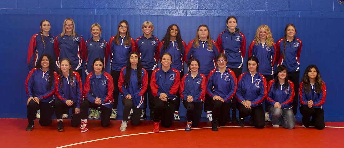 Pictured is the 2024-25 Jay County High School girls wrestling team team. Front row from left are Allison Lopez, Briahna McDavid, Sophie Thomas, Tatianna Willis, Maleah Parsons, Katie Rowles, Allison Tipton, Rayan Murphy, manager Lucy Bailey and manager Audriana Alcantara. Back row are Haley Ridenour, Mallory Winner, Brenna Ruble, Reagan VanSkyock, Lina Lingo, Amara Crawford, Kaitylyn Affolder, Madison Gage, Tessa Frazee and Emily Manor. Not pictured is Julianna Hernandez. (The Commercial Review/Andrew Balko)