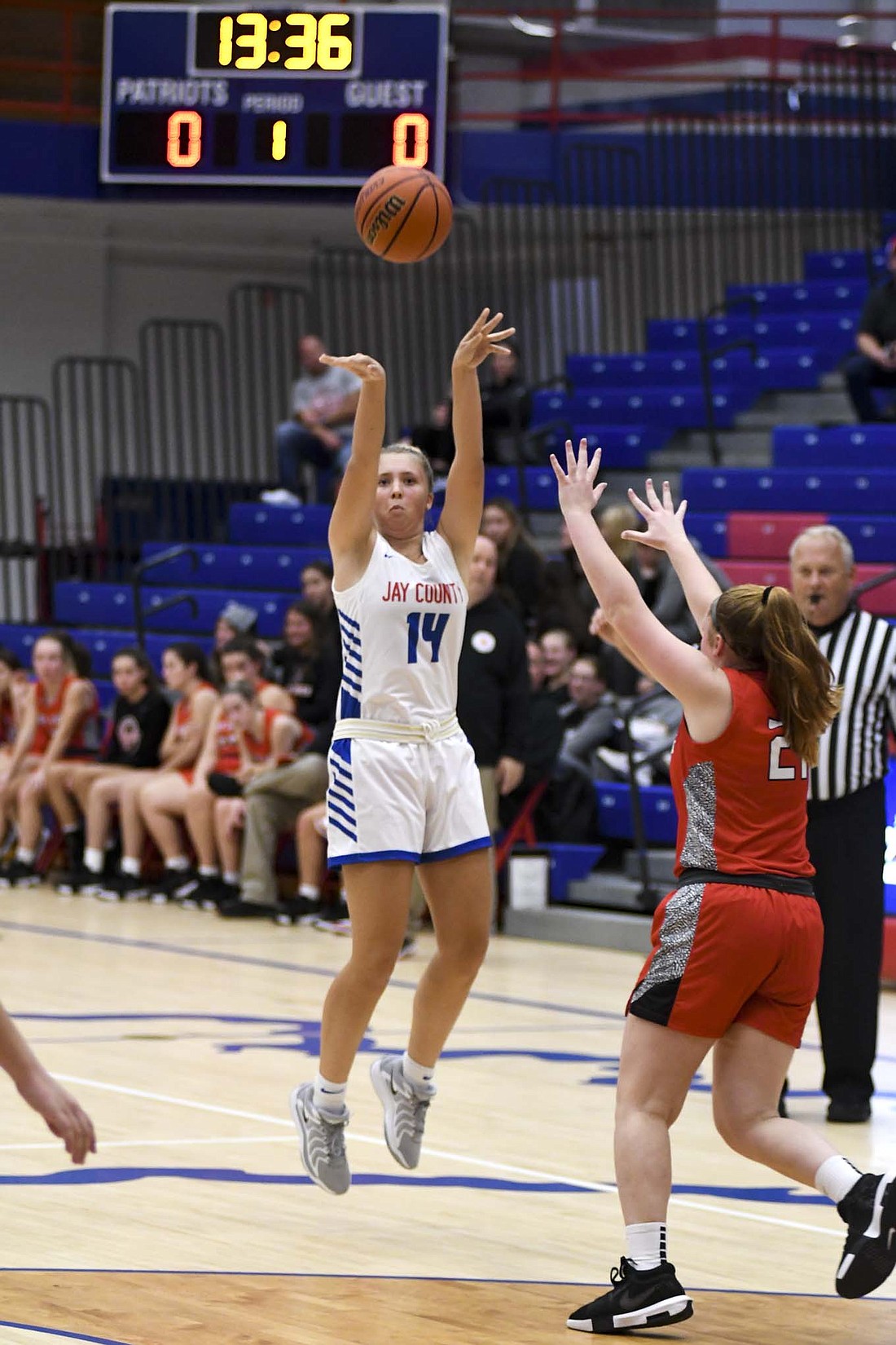 Jay County High School freshman Raylin Hummer fires up a shot during Tuesday’s scrimmage against Huntington North. The Patriots will open their season on Nov. 12 at South Side. (The Commercial Review/Andrew Balko)