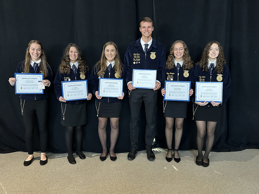 Fort Recovery FFA members attended the National FFA Convention in Indianapolis Oct. 22 through Oct. 25. Pictured above are members who received their American FFA Degree. From left are Miranda Metzger, Emma Keller, Elizabeth Alig, Ethan Evers, Megan Metzger and Alayna Laux. (Photo provided)