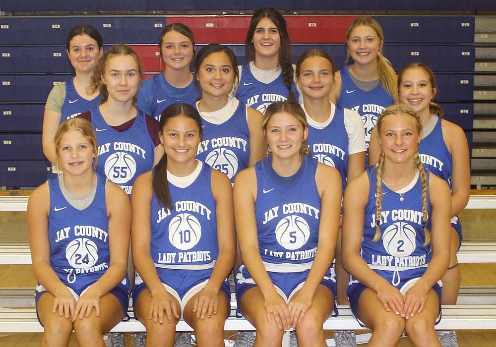 Pictured is the 2024-25 Jay County High School girls basketball team. Front row from left are Gabrielle Petro, Raylah Newton, Alexis Sibray and Hallie Schwieterman. Middle row are Elze Pivoriunaite, Natalie Carreno, Elizabeth Brunswick and Natalie May. Back row are Alice Ometti, Stella Skirvin, Amelia Heath and Raylin Hummer. Not pictured is Allie McAbee.