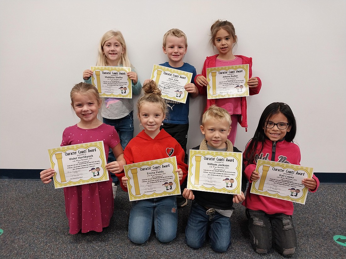 East Elementary Students were recently awarded for demonstrating respect. Pictured above in the front row are kindergarteners Violet VanSkyock, Emma Fields, William Jackson and Kali Lopez, and in the second row are kindergarteners Maddelyn Sheffer, Jack Jutte and Athena Barber. (Photo provided)