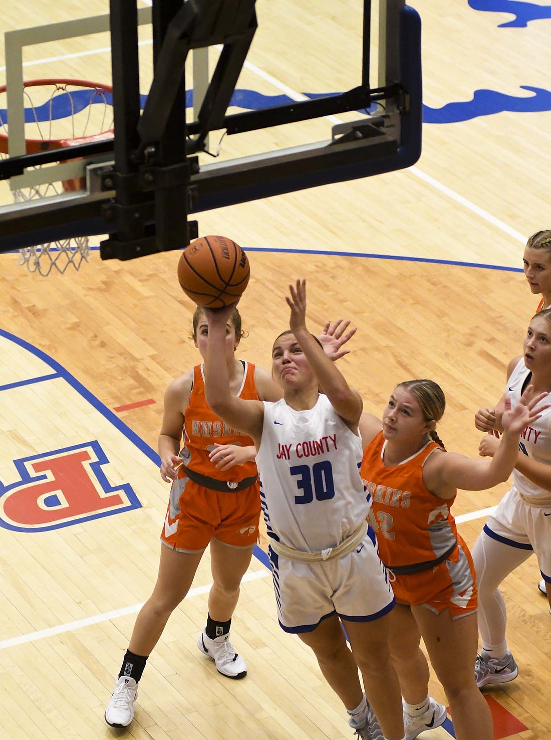 Jay County High School’s Elizabeth Brunswick powers up for a layup during the Patriots home opener against Hamilton Heights on Saturday. Catch the Patriots host Bellmont today at 6:30 p.m. (The Commercial Review/Andrew Balko)