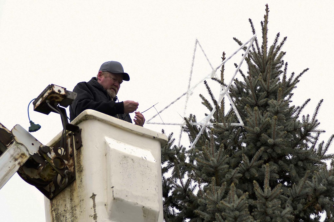 A week after the trees were placed at Jay County Fairgrounds, fair board members returned Sunday morning armed with two giant stars and long strands of lights for decorating. Pictured, Dave Bricker works on fastening one of the stars to the top of the tree on the west side of the fairgrounds. In all, the trees were adorned with 20,000 lights. The strands stretch 1,440 feet, which is more than a quarter of a mile. Aaron Loy referred to the trees as “a little bit of New York City at the fairgrounds,” referencing the giant Christmas tree that is placed at Rockefeller Center each year. The larger of the two trees that are now on display at the fairgrounds is about half the height of the Rockefeller Center tree. Why take on such a project? “It’s just something different,” said Loy. “We keep trying to grow the Christmas lights.” Miles estimated that the trees will stay green until February. (The Commercial Review/Ray Cooney)