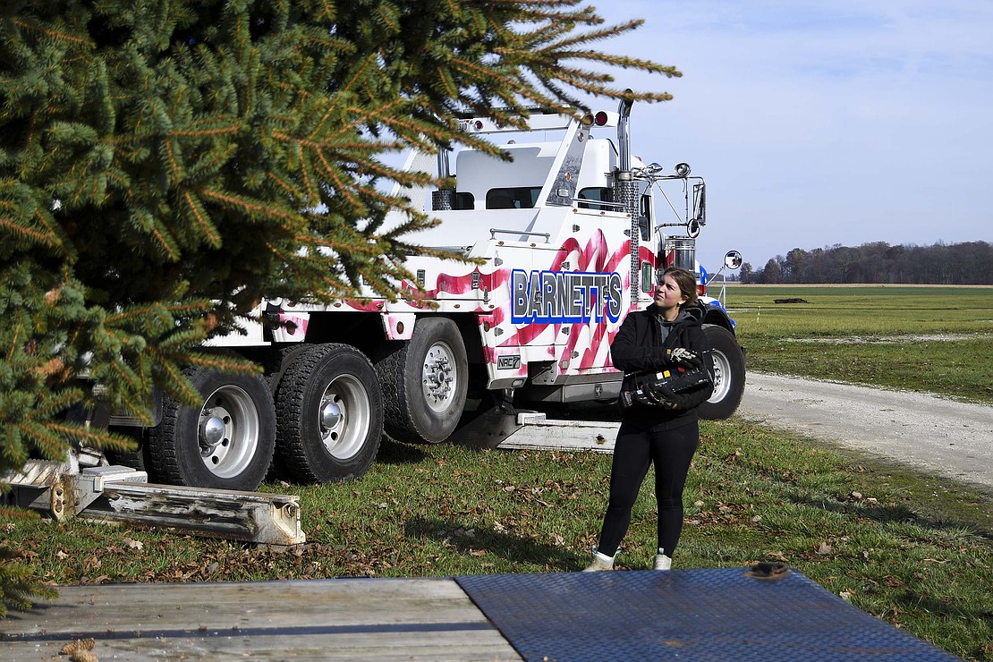 Cami Barnett works the controls to move the second and smaller of the two evergreen trees into place near a curve in the drive on the east side of Jay County Fairgrounds. (Her sister Gracie had handled the operations for the larger tree.) The Barnetts and several of their employees volunteered their time for the project, as did various others. “It’s my community. It’s my fairgrounds,” said Brad Barnett. “I love the fairgrounds and giving back to the community with … things like this.” Fair board president Aaron Loy thanked all those involved with the effort. “Without them, it couldn’t happen,” he said. (The Commercial Review/Ray Cooney)