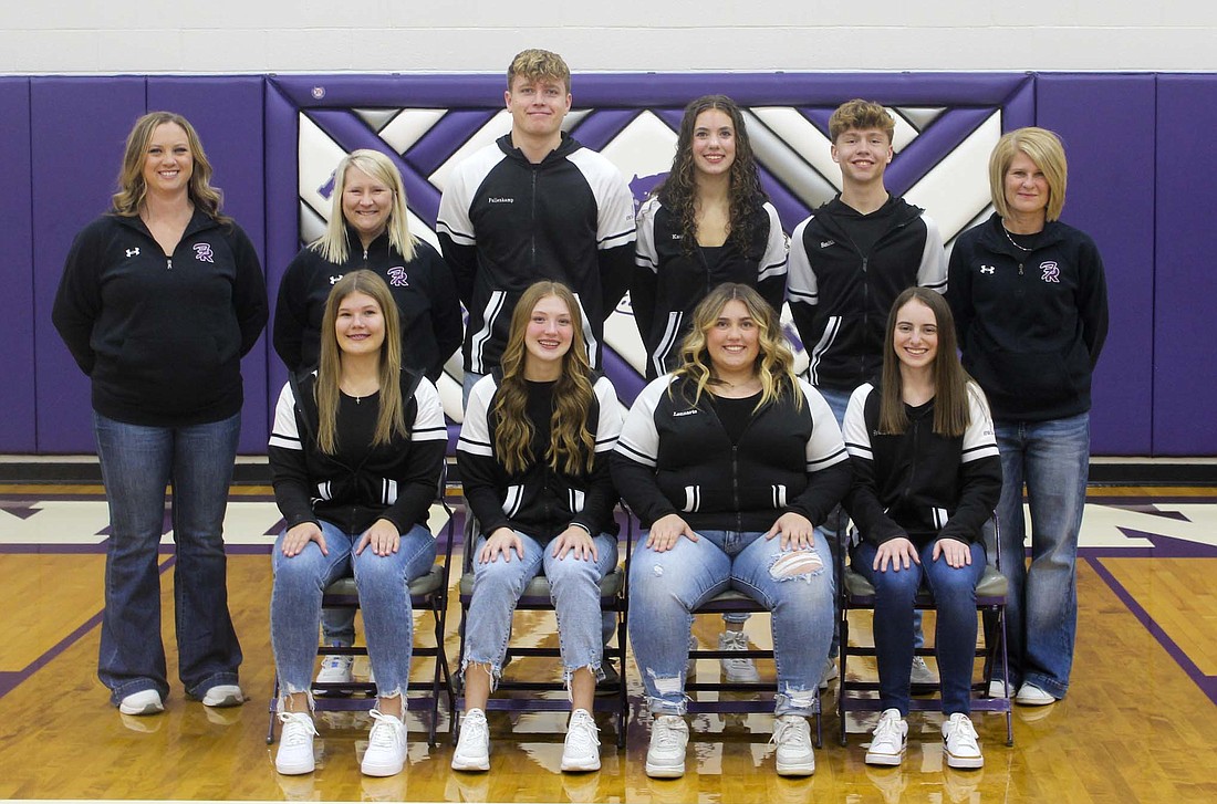 Pictured is the 2024-25 Fort Recovery High School boys and girls swim teams. Front row from left are Liza Knapke, Livy Timmerman, Nevaeh Lennartz and Aubrey Shuttleworth. Back row are assistant coaches Kylee Sutter, Abby Timmerman, Carson Fullenkamp, Joelle Kaup, Caleb Smith and coach Mindy Bubp. (The Commercial Review/Andrew Balko)