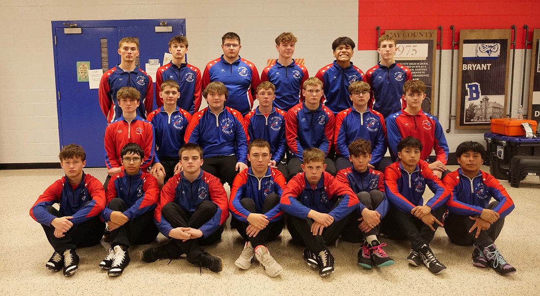 Pictured are the lower weight classes of the 2024-25 Jay County High School boys wrestling team team. Front row from left are Hayden Richman, Corbin Lothridge, Mario Ardizzone, Dylan Bolt, Miles Jones, Anthony Campofiore, Oscar Alcantar-Ramirez and Welder Mendez Ordonez. Middle row is Sylas Wenk, Alex River, Braelyn Rathbun, Griffin Byrum, Hayden Ison, Lucas Raines and Carson Tarter. Back row are Jason Landers, Cooper Glassford, Tyler Cummings, Jacob Robinson, Reynaldo Ortega-Leos and A.J. Heskett. (Photo provided)