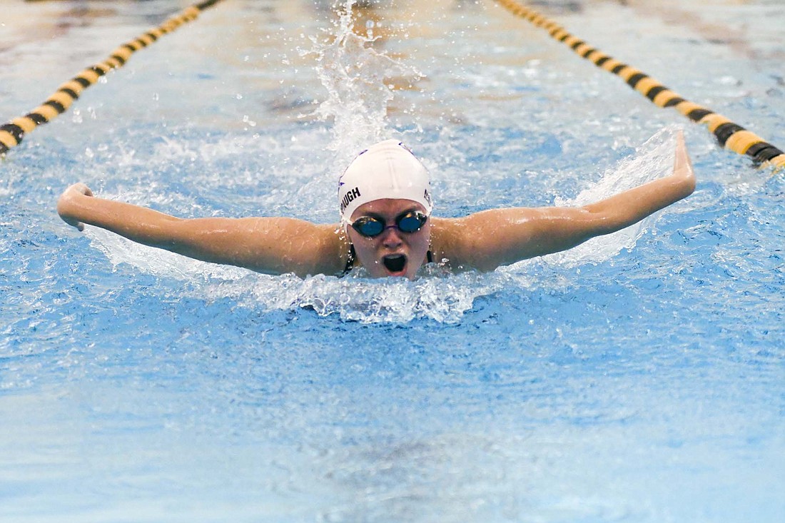 Aubrey Millspaugh, a senior on the Jay County High School girls swim team, competes in the 200-yard individual medley in Monday’s 93-85 loss at South Adams. Millspaugh’s time of 2 minutes, 38.12 seconds netted her second place in the event. (The Commercial Review/Andrew Balko)