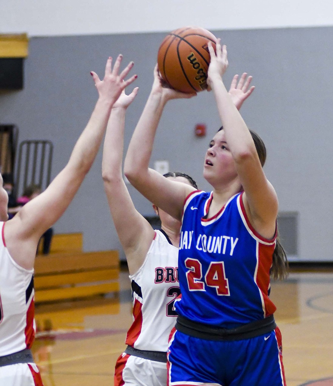 Jay County High School freshman Stella Skrivin puts up a shot in the first quarter of Tuesday’s 57-21 blowout at Blackford. Skrivin finished with two points, two rebounds, two blocks and one assist. (The Commercial Review/Andrew Balko)