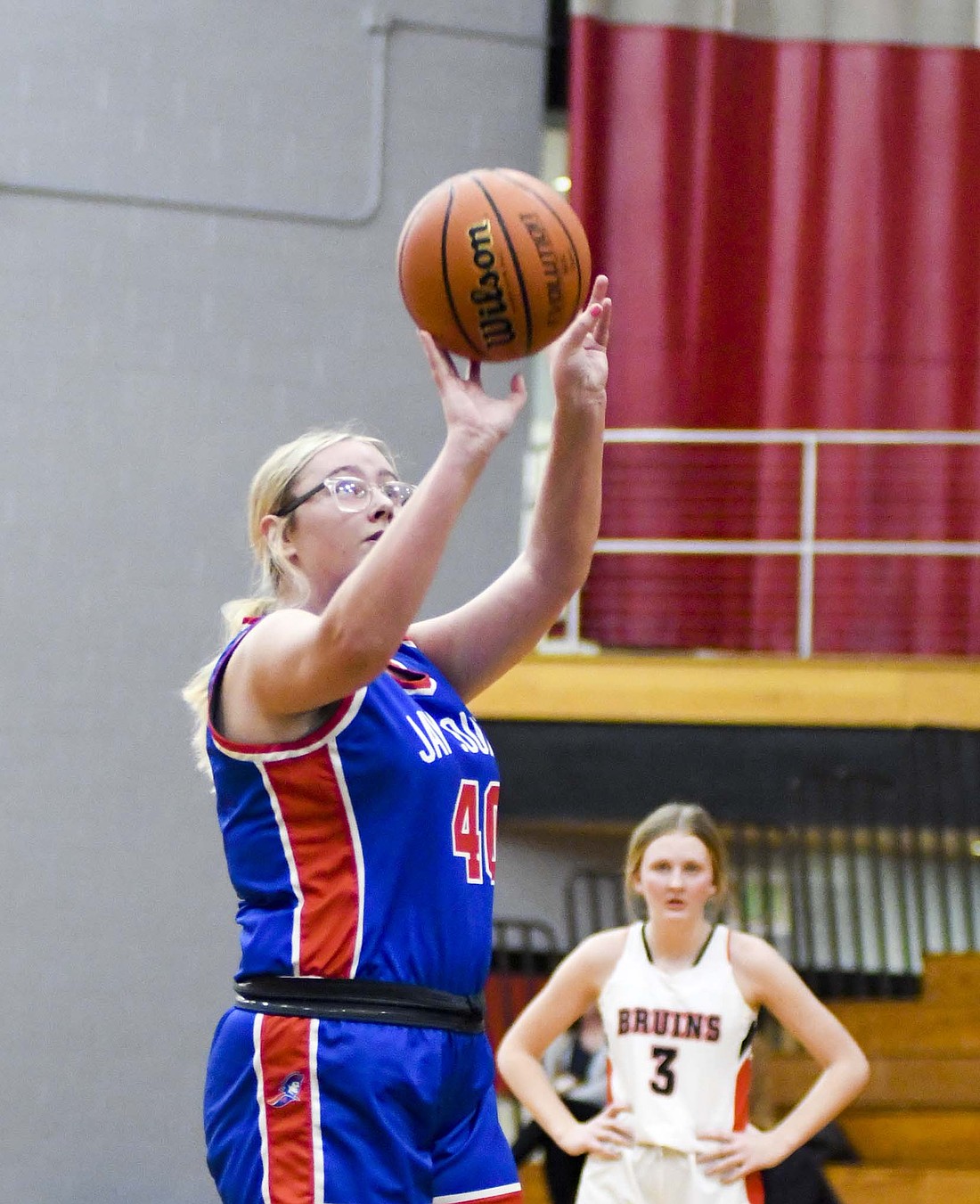 Allie McAbee takes a free throw during the Jay County High School girls basketball team’s 57-21 victory at Blackford Tuesday. McAbee split the free throws for her first career point on varsity. (The Commercial Review/Andrew Balko)