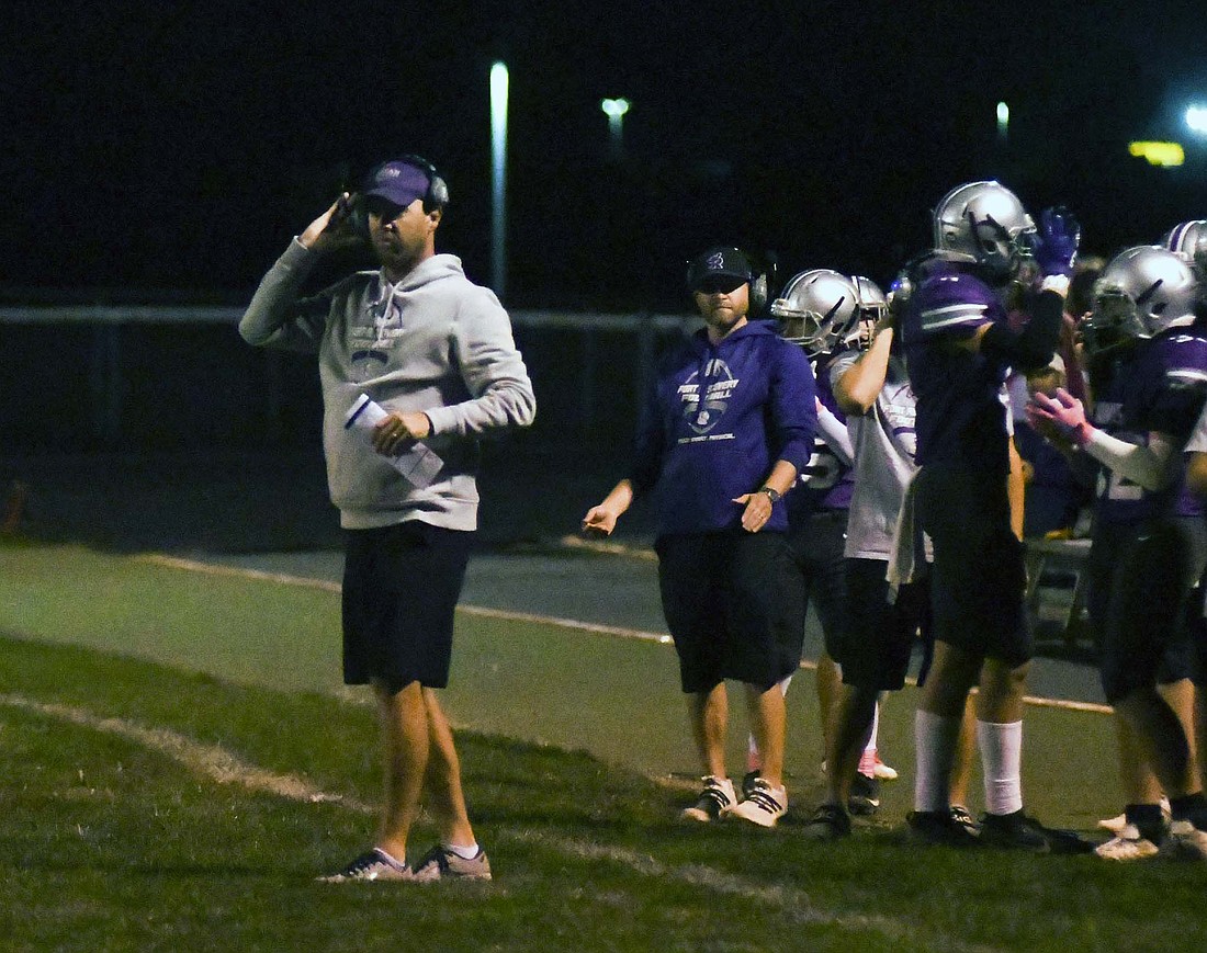 Former Fort Recovery High School football coach Brent Niekamp calls out a play from the sidelines during the Indians’ 36-24 victory over the Parkway Panthers on Oct. 11. Niekamp stepped down from coaching FRHS following the season. (The Commercial Review/Andrew Balko)