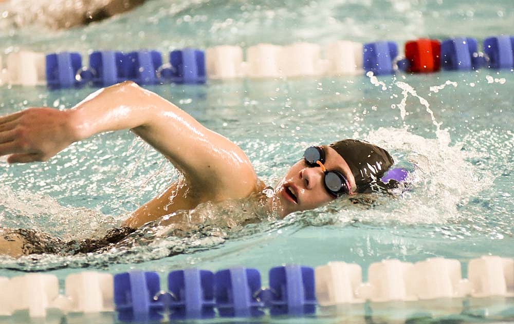 Joelle Kaup of Fort Recovery High School swims to a third-place finish in the 200-yard freestyle during Saturday’s Jay County Invitational. The senior was also the runner-up in the 100 butterfly to lead the Indian girls. (The Commercial Review/Ray Cooney)