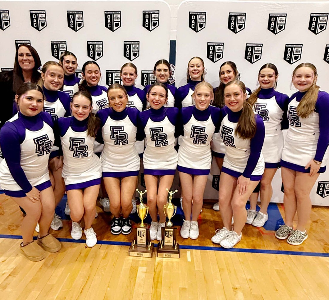 Fort Recovery High School’s cheerleaders won two titles Sunday in the Ohio Athletic Conference State Cheerleading Championships. The Indians successfully defended their 2024 traditional state title and also won the championship in the GameDay Building Division. Competing for the high school squad were senior Bailie Muhlenkamp, juniors Alexis Braun, Lahna Schlarman and Jesse Springer, sophomores Kendall Buckland, Aubrey Shuttleworth, Ashlyn Cantu, Trinity Rammel, Natalie Siegrist, Ava Fullenkamp and Madie Schoenlein, and freshmen Eliza Smith, Maddie Weigle and Maddie Reinhard. The Fort Recovery junior high cheerleaders finished fourth in the GameDay Building Division. (Photo provided)