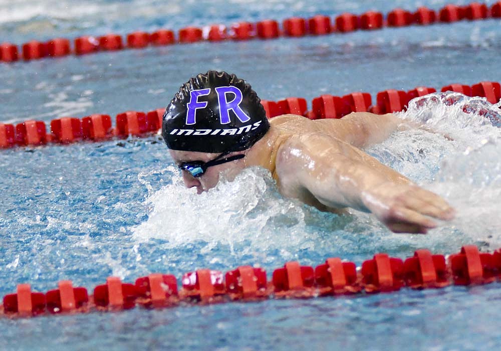 Fort Recovery High School junior Carson Fullenkamp swims the 100-yard butterfly Saturday afternoon during the Coldwater Invitational at Jay County. He finished third in the race as well as the 200 individual medley. (The Commercial Review/Ray Cooney)