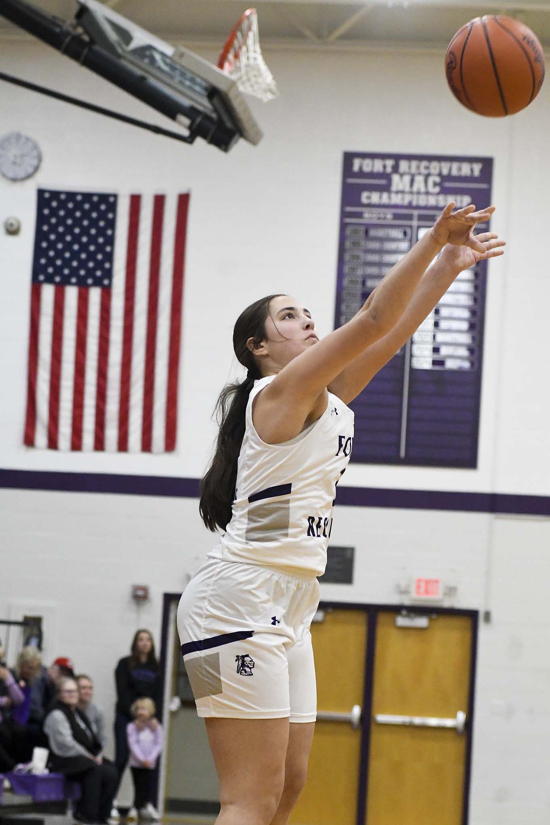 Fort Recovery High School sophomore Madie Schoenlein fires up a 3-pointer during Monday’s 64-17 victory over South Adams. Schoenlein finished with an assist and a rebound in the win. (The Commercial Review/Andrew Balko)