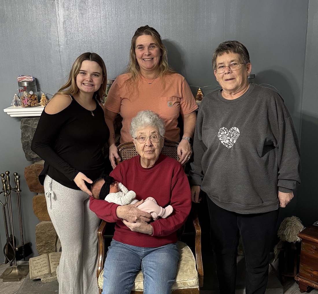 Pictured are five generations of the Ronald, Mong, Smith and Wasson families. In the front are great great-grandmother Martha Sue Ronald holding Maizie Mae-Lynne Wasson. In the back row are mother Rosealynne Wasson, grandmother Amanda Smith and great-grandmother Evelyn Mong. (Photo provided)