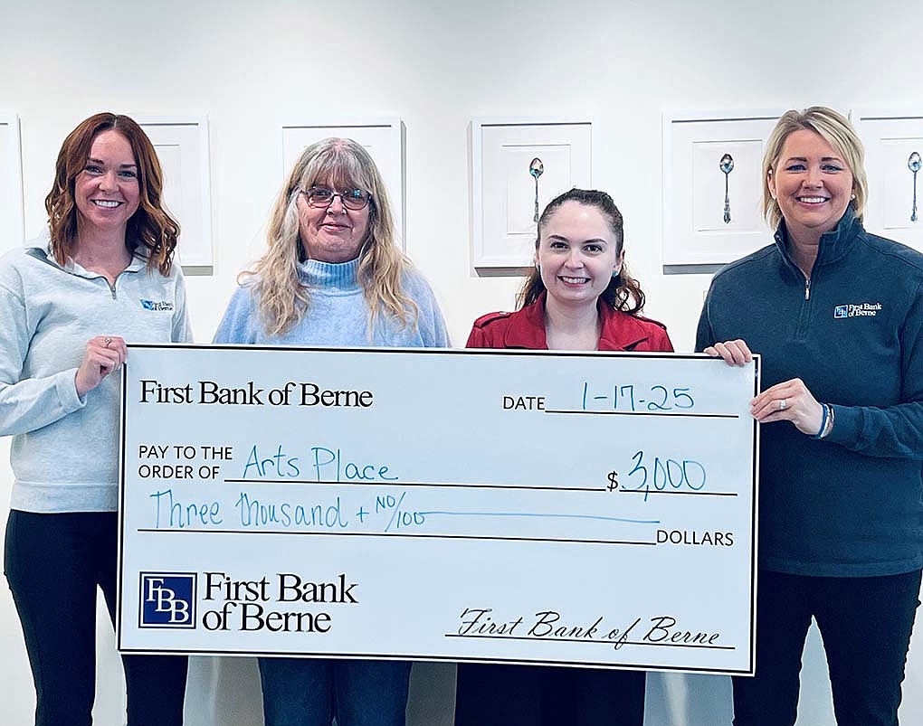 Pictured are First Bank of Berne branch managers Kaitlyn Roby (left) and Tracy Carpenter (right) and Arts Place receptionist Teresa Penrod and visual arts director Allison Smiley. (Photo provided)