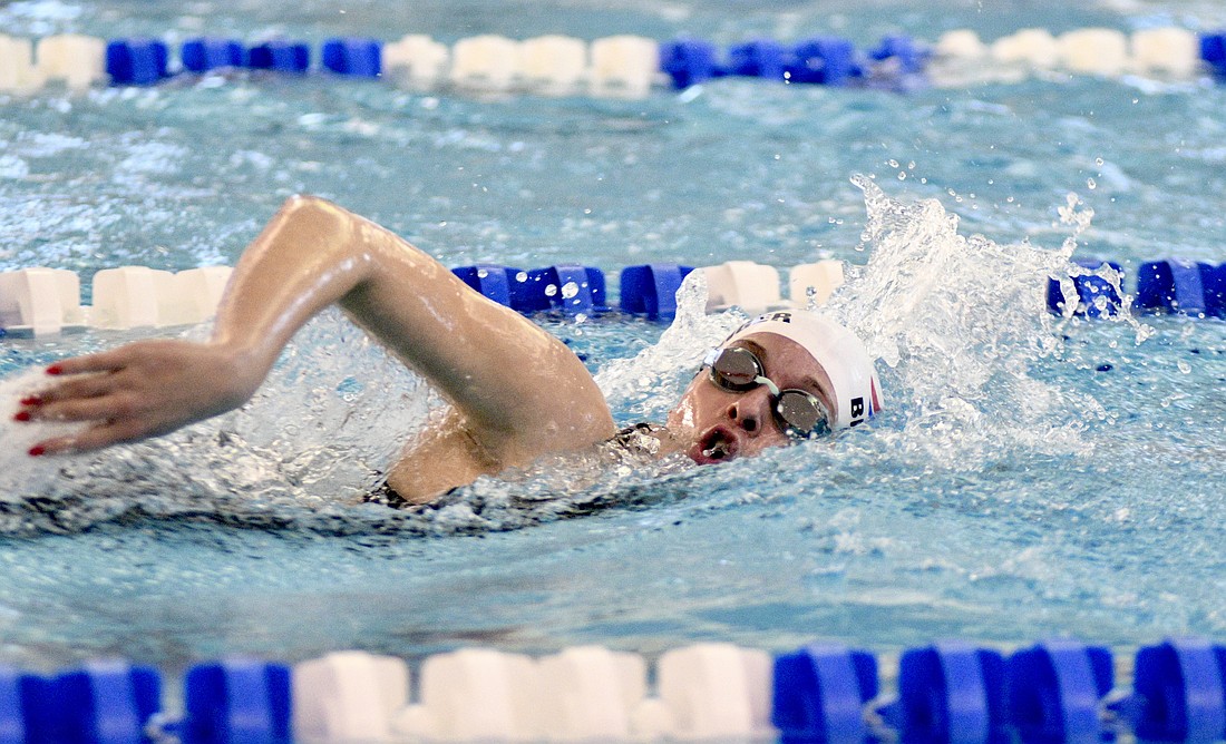 Jay County High School's Ariel Beiswanger swims the 200-yard freestyle during Thursday's sectional preliminaries. The host Patriots set themselves up to be in a battle for third place with Huntington North behind favorite Delta and likely runner-up Norwell. The meet resumes with diving preliminaries at 9 a.m. Saturday followed by swimming and diving finals at 1 p.m. (The Commercial Review/Ray Cooney)