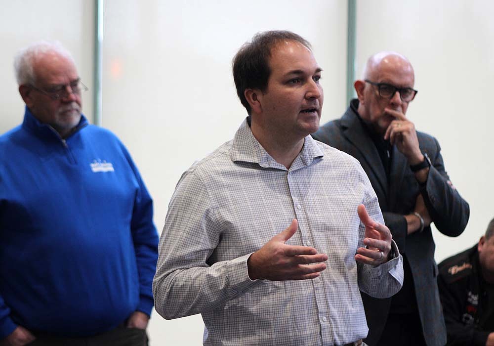 State Reps. J.D. Prescott (R-Union City) (center) and Matt Lehman (R-Berne) (left), and State Sen. Travis Holdman (R-Markle) visited Jay County for a legislative update Saturday with local residents. Discussion at John Jay Center For Learning mainly focused on bills targeting tax changes. (The Commercial Review/Bailey Cline)