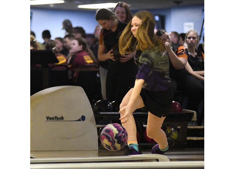 Fort Recovery High School sophomore Deanna Brown throws her Storm Ion Max during the Midwest Athletic Conference tournament on Feb. 4. Brown was voted as the MAC Player of the Year after averaging 183.7 pins on the season. Four of her teammates also earned MAC honors, while FRHS coach Alison Rosegrant won Co-Coach of the Year. (The Commercial Review/Andrew Balko)