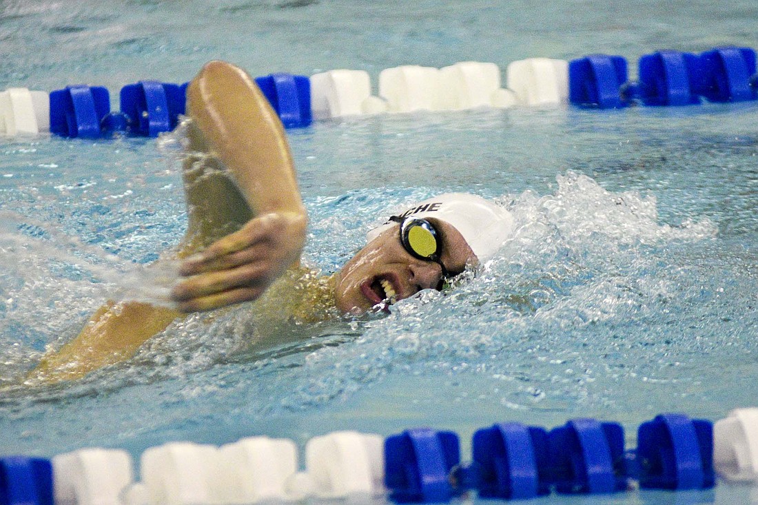 Cooper Glentzer of the Jay County High School boys swim team swims the 500-yard freestyle during the IHSAA sectional preliminaries hosted by the Patriots on Thursday. During the finals on Saturday, the JCHS freshman swam a time of  5 minutes, 6.69 seconds to finish as the runner-up to Delta senior Zachary Baty. Glentzer also placed third in the 100 butterfly in 54.87 seconds and was on the freestyle relays that each placed fifth to earn a total of 89 points for the Patriots. Jay County wounded up in seventh with 164 team points. (The Commercial Review/Ray Cooney)