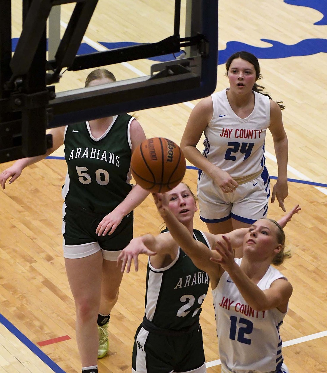 Jay County High School’s Hallie Schwieterman goes up for a layup during the Patriots’ loss to Pendleton Heights on Jan. 2. The JCHS sophomore was named to the IBCA All-State honorable mentions list on Thursday. (The Commercial Review/Andrew Balko)