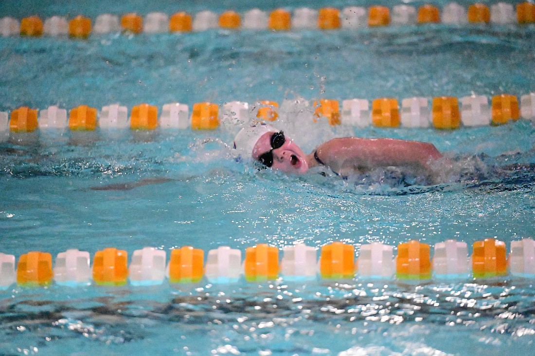 Addisyn Champ of the Jay County Winter Swim team competes in the 50-yard freestyle during the divisional meet at Noblesville High School on March 7. Champ dropped 0.08 seconds from her time to make the state cut at 28.86 seconds in the 12-and-younger girls division. (Photo provided)