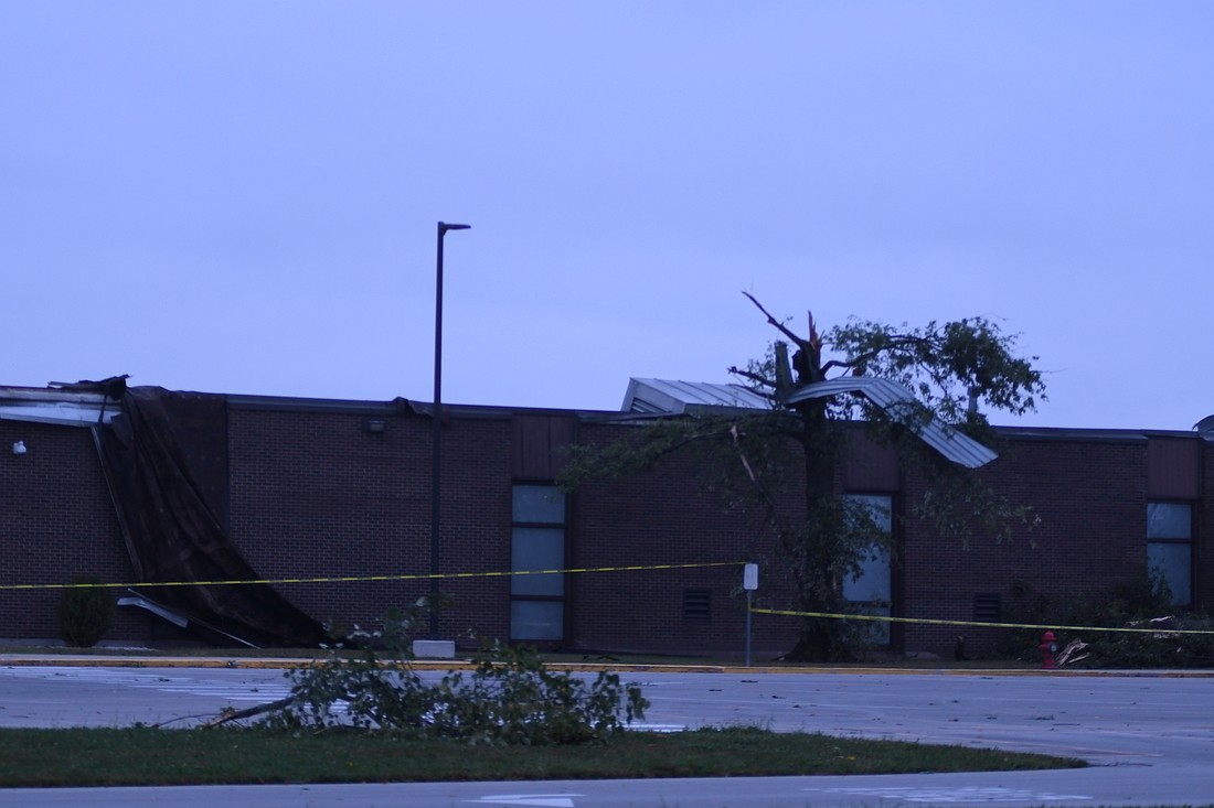 A tornado that blew through Jay County on Sept. 22 caused extensive damage in the junior high wing at Jay County Junior-Senior High School. Jay School Board awarded a $2.23 million repair project Monday to Muhlenkamp Building Corporation of Coldwater, Ohio. The work has an expected completion date of Sept. 30. (The Commercial Review/Ray Cooney)