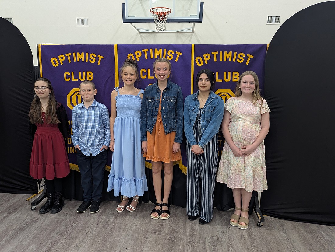 Six Jay County students competed in the Optimist International Regional Oratorical Contest held April 3 at Jay County Christian Academy. Pictured above from left are Vanessa Vanover, Sam Gibson, Anna Fisher, Leah Steed, Angelina Geesaman and Londyn Cavanaugh.  Gibson, Vanover and Cavanaugh will advance to the Optimist International District Oratorical Contest to be held at Huntington University on April 26. (Photo provided)