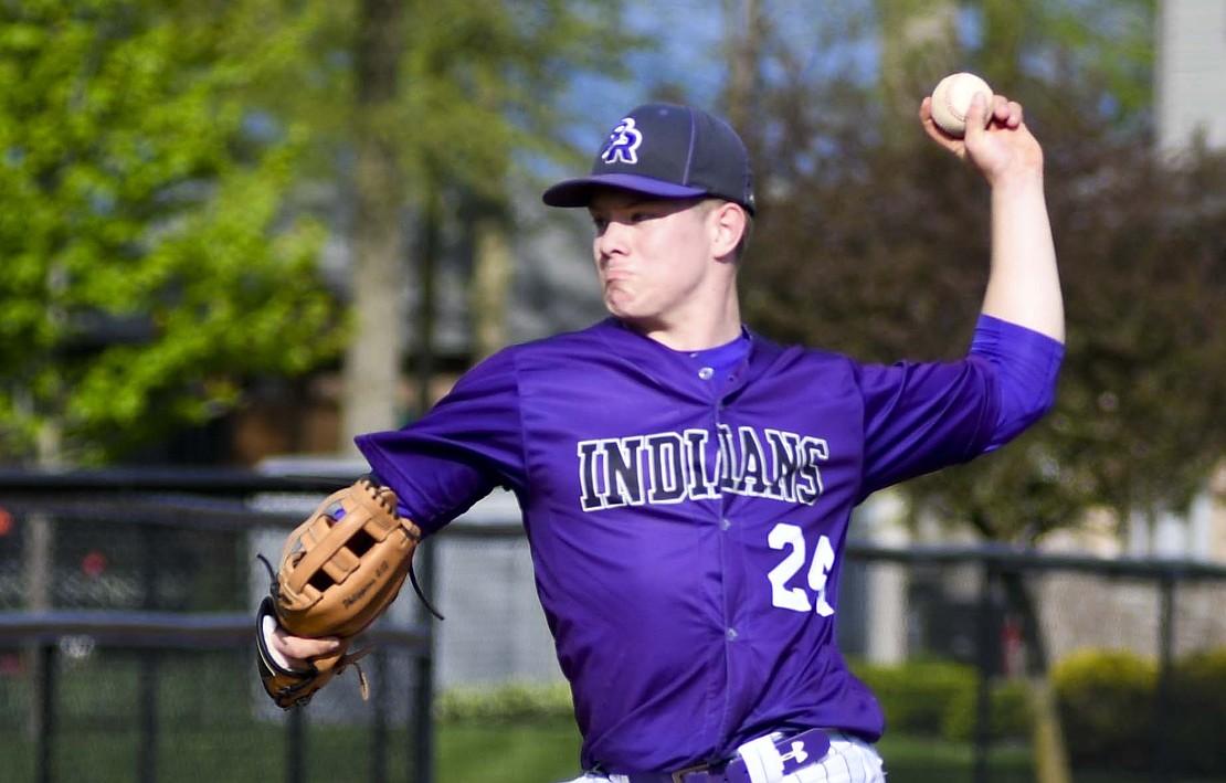 Dylan Klenke, a junior on the Fort Recovery High School baseball team, hurls a pitch during the Indians’ 10-0 win over Parkway on Monday. The FRHS lefty struck out 12 Panthers while only allowing one hit, one walk and hit one batter in the career performance. (The Commercial Review/Andrew Balko)