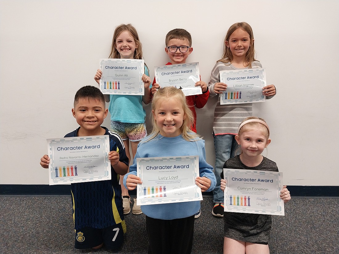 Students were recently selected from each classroom at East Elementary School for exhibiting all six character counts traits — responsibility, caring, respect, trustworthiness, citizenship and fairness — all school year. Pictured above are first graders (front row) Pedro Navarro-Hernandez, Lucy Loyd and Camryn Foreman, and (second row) Quinn Alt, Bryson Berry and Lillian Ingram. (Photo provided)