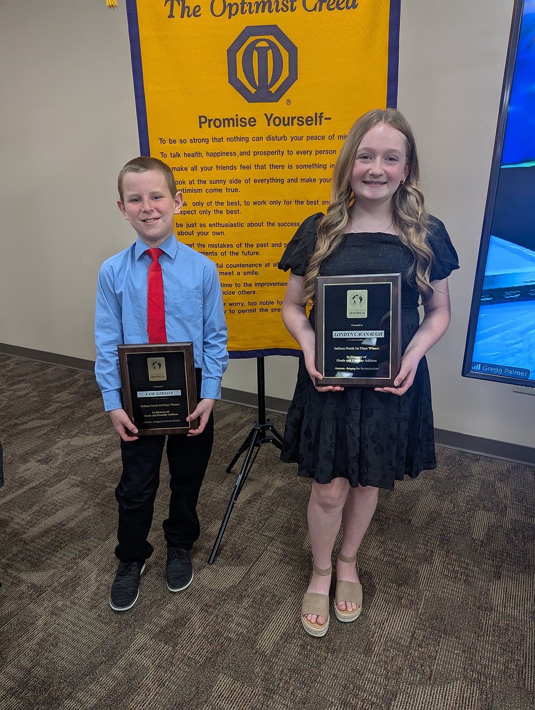 Optimist International North District Regional Oratorical contest was held at Huntington College on April 26. Londyn Cavanaugh of East Jay Elementary, pictured above at right, placed first and won a $2,500 scholarship from the Optimist International Foundation. Sam Gibson of Bloomfield Elementary, pictured above at left, placed third and won a $1,000 scholarship. Cavanaugh will compete in June at the next level competition in St. Louis. (Photo provided)