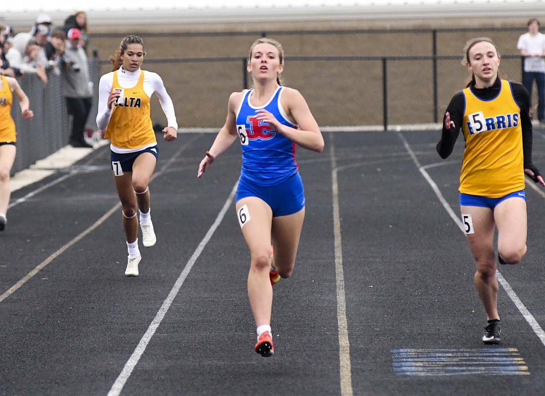 Ariel Beiswanger of the Jay County High School girls track team races down the final 100 meters of the 400-meter dash at the IHSAA Sectional 12 meet hosted by Delta on Tuesday. She won the event with a time of 1 minute, 3.41 seconds. She also advanced to the regional in the 200 dash, the 4x100 relay and the 4x400 relay. (The Commercial Review/Andrew Balko)