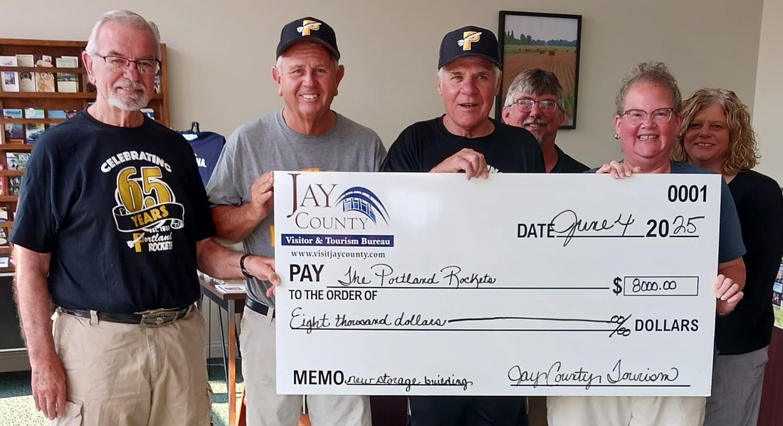 Jay County Visitor and Tourism Bureau donated $8,000 Wednesday to help pay for a new storage building for Portland Rockets. (Photo provided)
