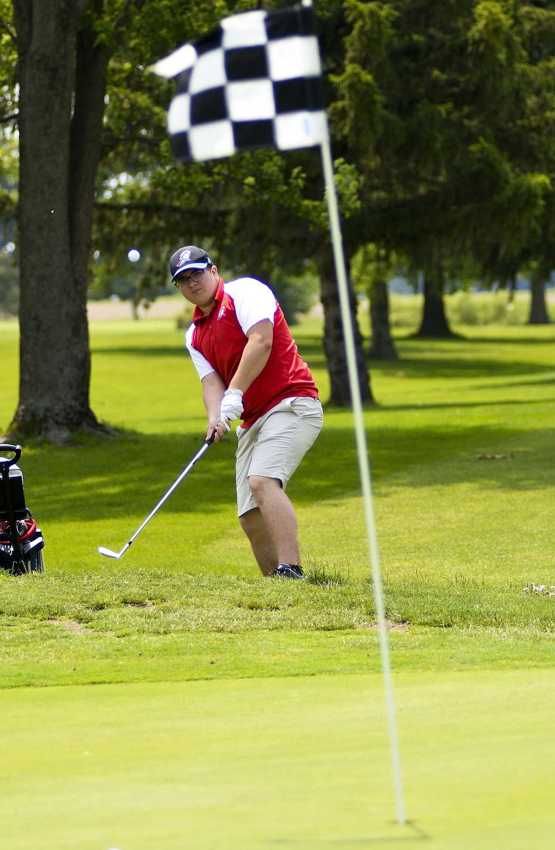 Jay County High School golfer Dawson Goldsworthy hits a chip Tuesday during the sectional tournament hosted by Monroe Central at Hickory Hills Golf Course in Farmland. Goldsworthy posted the No. 3 score of 89 for JCHS. The lone Patriot to advance was senior Griffin Byrum, who played in the regional tournament Thursday. (The Commercial Review/Andrew Balko)
