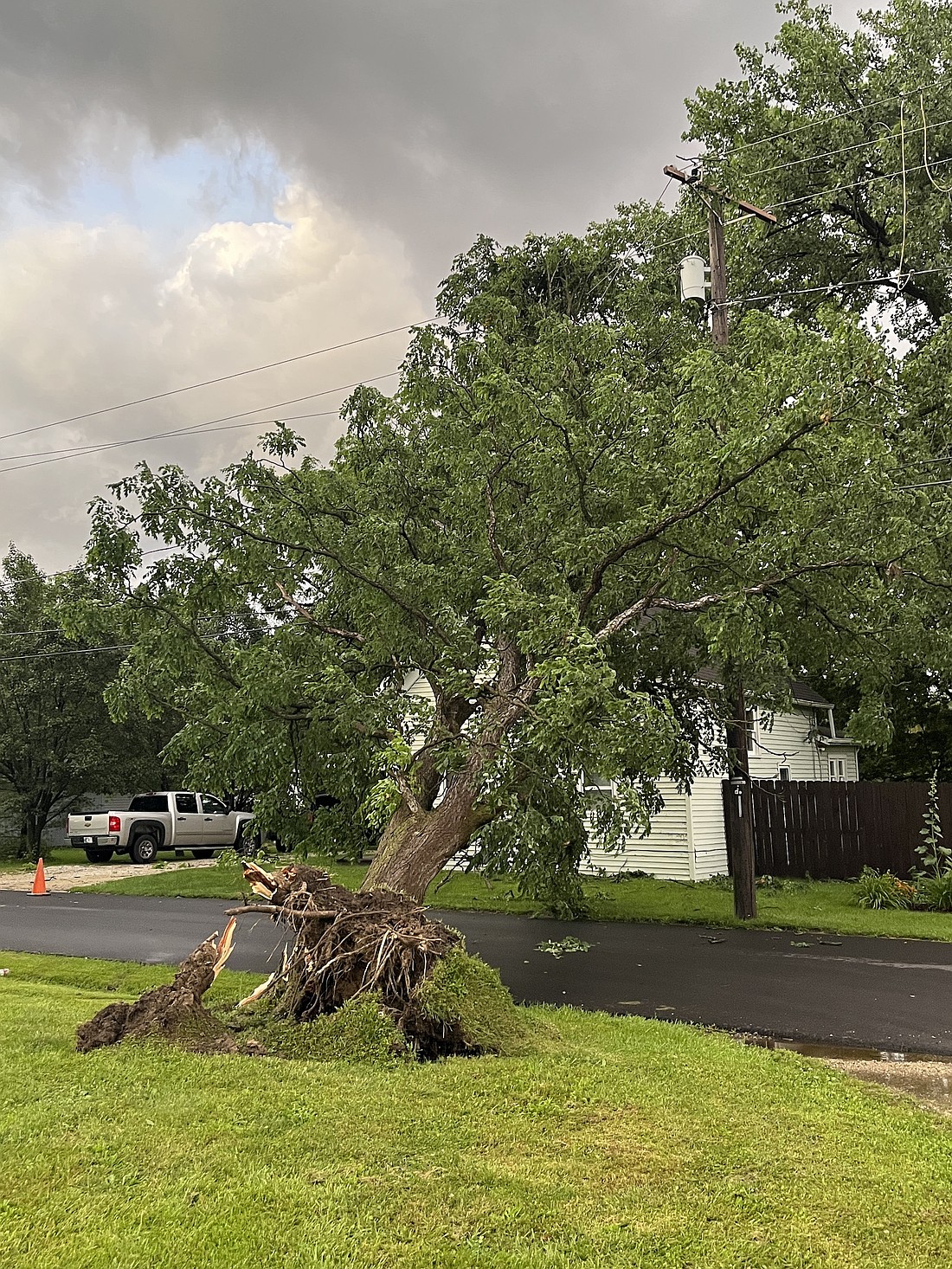 A tree that uprooted during Wednesday evening’s storm just north of the entrance to Hines Inman Memorial Field fell across Western Avenue in Portland and caused a transformer to blow. Western Avenue was closed between Blaine Pike and Third Street on Wednesday night and residents on the south side of the city were without power for several hours. (The Commercial Review/Ray Cooney)
