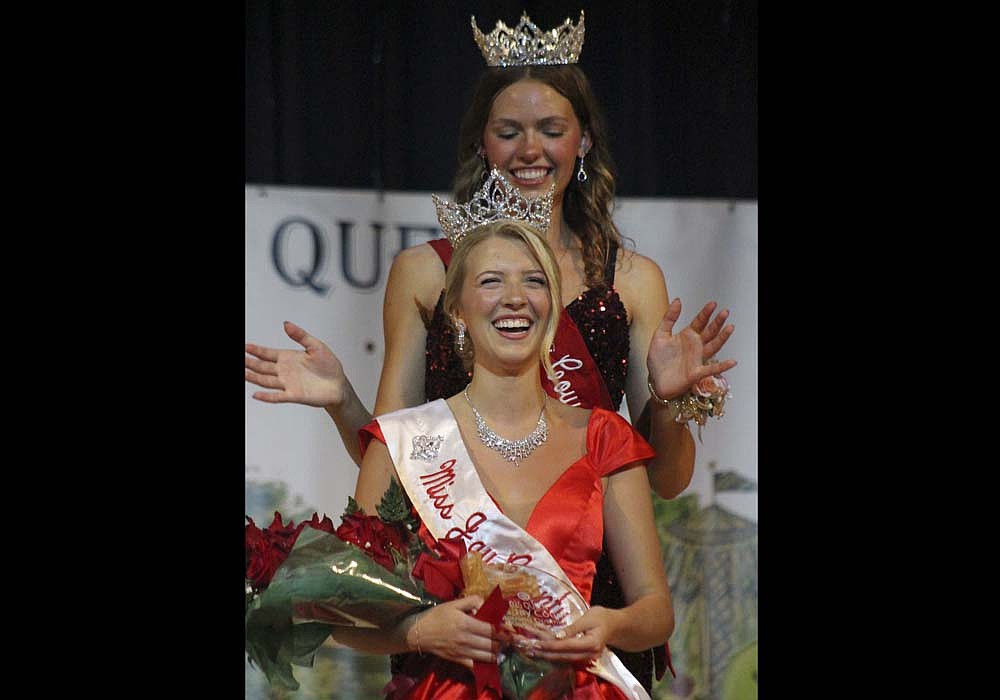 Gretchen Link reacts after 2024 Miss Jay County Fair Queen Molly Muhlenkamp presented her with the 2025 crown on Sunday evening during the pageant at Jay County Junior-Senior High School. “I would just love to say how proud I am to be a part of this community and how supportive Jay County is,” Link said. “I am just so grateful to be representing this county.” (The Commercial Review/Bailey Cline)