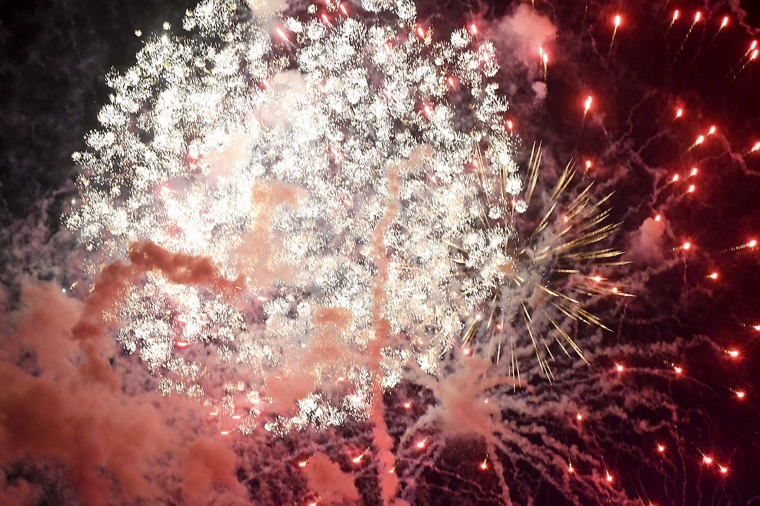 Fireworks light up the sky on the north side of Jay County Fairgrounds on July 16, 2022, in celebration of the 150th year of the Jay County Fair. Fireworks will be involved with the fair again this year as a change in dates put the annual event in the same week as Independence Day. (The Commercial Review/Ray Cooney)