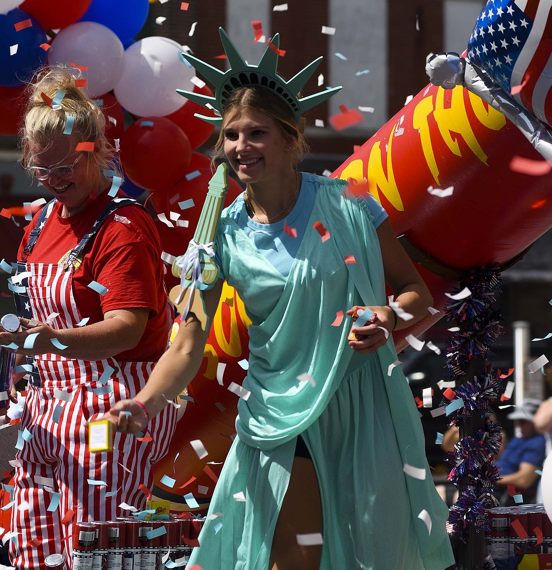 The 4th of July and the Jay County Fair came together Friday to bring a wide variety of activities to the community. Pictured above, Savanna Huddleson portrays the Statue of Liberty on the Southern Thunder Fireworks float during the 4th of July parade while riding along Meridian Street in downtown Portland. (The Commercial Review/Ray Cooney)