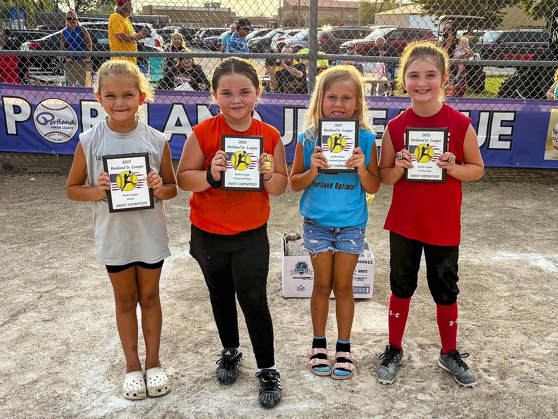 The Portland Junior League Rookie softball league handed out awards following the season’s conclusion. Pictured are Most Improved award winners Bexley Brunswick, Katarina Conn, Addy Mann and Hadleigh Walker with Addison Root not pictured. (Photo provided)