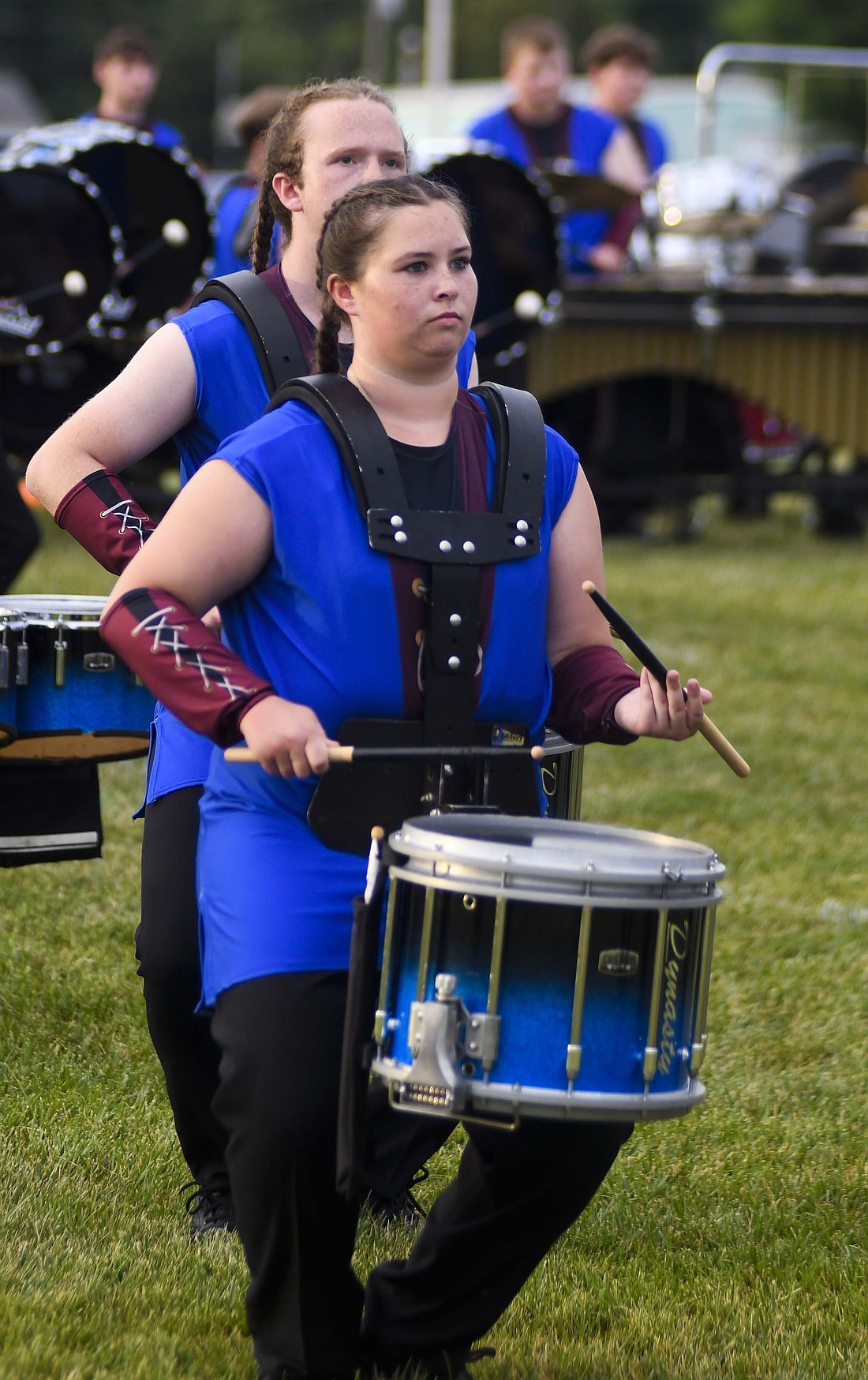 Snare drummer Erin Aker of the Jay County High School Marching Patriots plays Saturday evening during the Centerville Archway Classic. JCHS finished in third place in its first competition of the year, scoring 53 points. The host Blue Regiment won with 55.625 points and Richmond finished second with 54.95. (The Commercial Review/Ray Cooney)