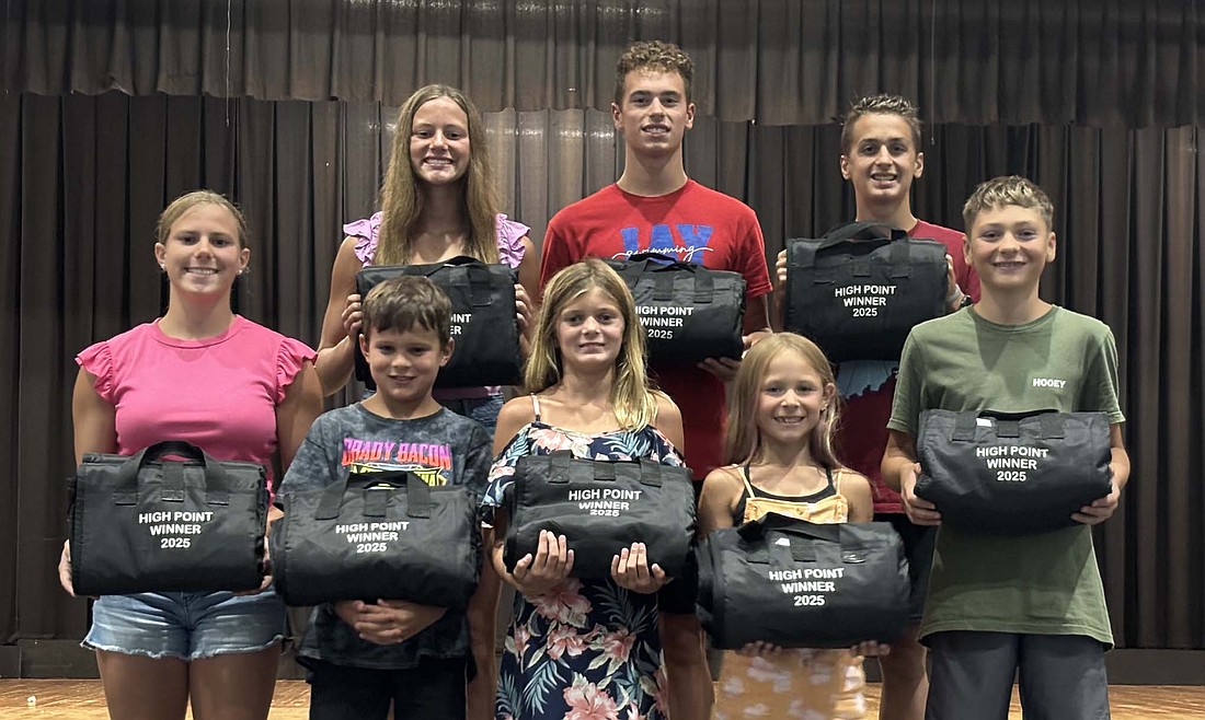 The Jay County Summer Swim team honored its high point winners on Sunday. Pictured from left in the front row are Brooklynn Byrum, Graham Peterson, Jaley Knapschafer, Maddie Theurer and Sam Benirschke. Back row are Elly Byrum, Cooper Glentzer and Grant Glentzer. Not pictured is Addisyn Champ. (Photo provided)