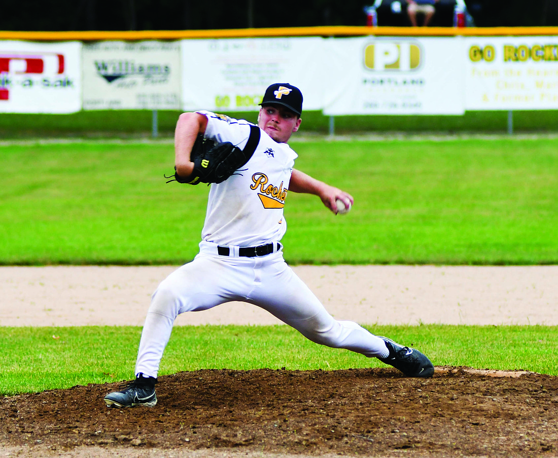 Cody Rowles throws a changeup during the Portland Rockets’ 8-3 win over the Muncie Chiefs on Tuesday. Rowles came in to relieve Crosby Heniser in the middle of the third inning after Heniser developed a blister on his throwing hand. (The Commercial Review/Andrew Balko)