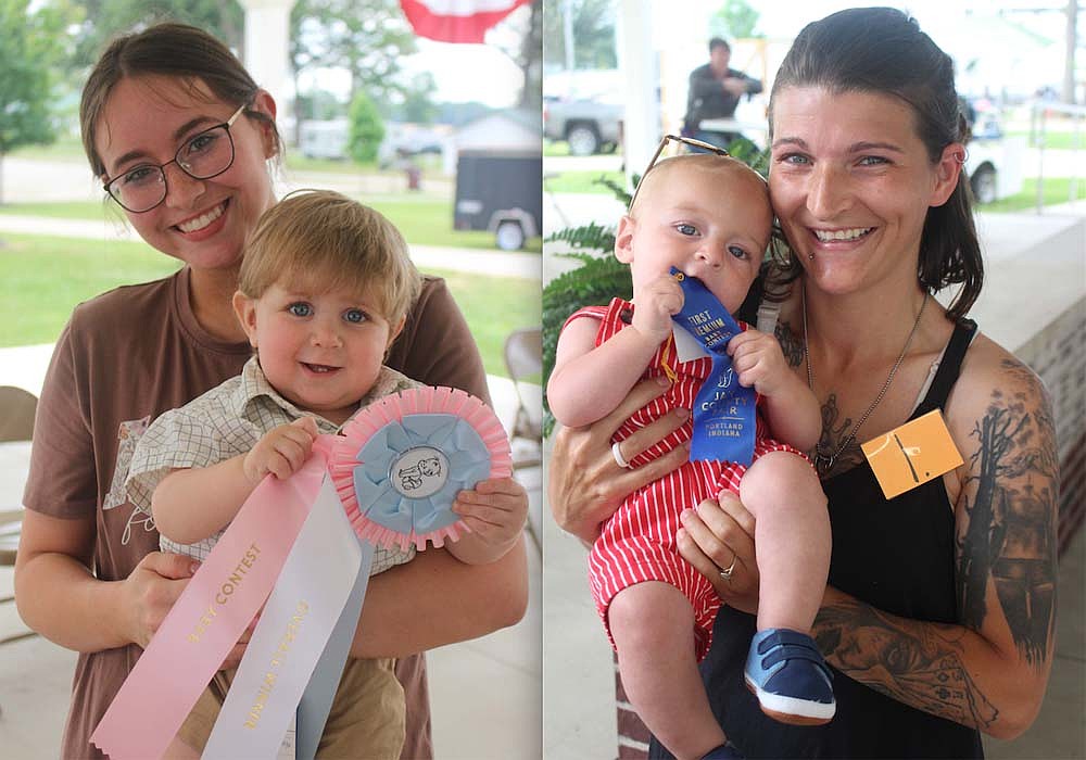 Jay County Fair’s annual baby contests kicked off June 28. Pictured above at left is the overall winner of the 12 to 18-month-old baby contest, 13-month-old Parker Lawhead with mother Rachel Lawhead of Portland. At right is the overall winner of the 6 to 12-month-old baby contest, 9-month-old Zaxton Newland with mother Lacy Chowning of Portland. (The Commercial Review/Bailey Cline)