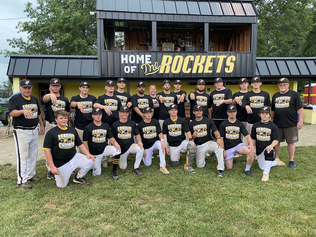 Pictured the Portland Rockets pose with their Fort Wayne League champion shirts Saturday after the first game against the South Bend Royals. The Rockets will host one of the NABF Regional tournaments over the weekend. (Photo provided)