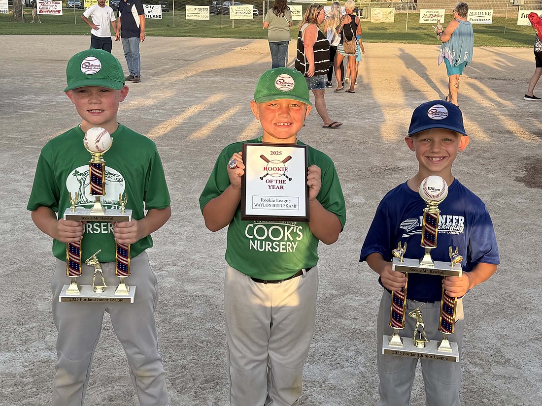 The Portland Junior League Rookie baseball division handed out awards following the postseason tournament. Pictured from left are Co-Mr. Baseball Kayden Alberson, Rookie of the Year Waylon Huelskamp and Co-Mr. Baseball Jett Johnson. (Photo provided)